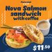 Pastrami & grill nova salmon sandwich special with coffee